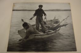 After Henry Scott Tuke, boys fishing from a rowing boat, black and white print and a collection of
