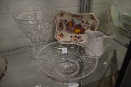 A cut glass bowl, vase, porcelain dish and jug.
