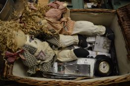Wicker basket containing dolls, costume jewellery etc.