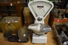 Set of old enamel grocers scales and a set of kitchen scales.