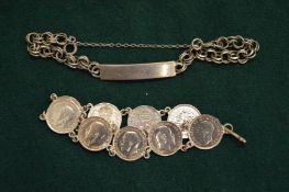 A silver coin set bracelet.