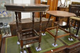A Victorian octagonal shaped occasional table and walnut occasional table with carved decoration.