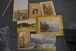 A collection of unframed watercolours and drawings.