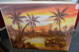 An oasis with palm trees, oil on canvas, unframed.