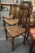 A set of six dining chairs with barley twist supports and cane work back panels and seats.