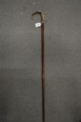 A walking stick with horn handle and hollow metal shaft.