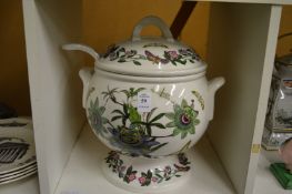 A large Portmeirion Botanic Garden soup tureen, cover and ladle (small repair to one handle).