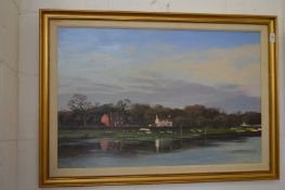 River landscape with buildings, oil on board together with a still life of flowers in vases,