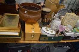 A quantity of miscellaneous items to include a copper pot, shoe cleaning kit, framed pictures,