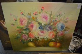 Still life of flowers and fruit in a basket, oil on canvas, unframed.