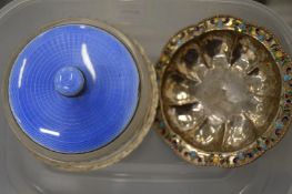A silver and enamel dish and a silver and enamel lidded cut glass bowl.