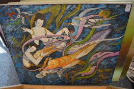 Asian School, study of two female figures, oil on canvas, unframed.