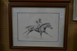 Jockey on horseback, black and white print.