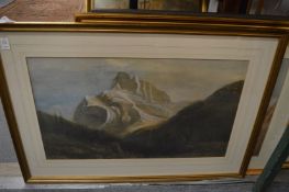 Alpine peak above a woodland valley, watercolour, a similar print and two other watercolours