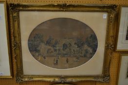 Figures in a landscape, building beyond, oval in a decorative gilt frame.