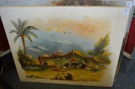 Arab seated by a watering hole, oil on canvas, unframed.