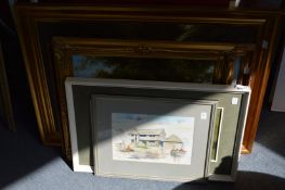A collection of decorative oil paintings, a watercolour and a print.