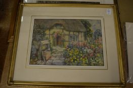 Watercolour of a thatched cottage and two other paintings.