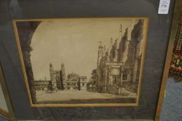 An engraving of Eton College and two other prints.