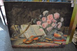 Still life study of flowers, musical instruments, oil on canvas, unframed.