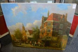 Continental street scene with figures and buildings, oil on canvas, unframed.