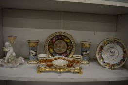 A Derby porcelain desk stand, pair of porcelain spill vases decorated with landscapes and other