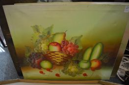 Still life of fruit in a basket, oil on canvas, unframed.