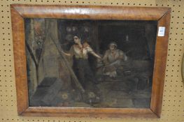 Interior scene of two figures barring a door, oil on canvas.