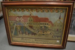 A tapestry picture of a street scene with numerous figures together with a limited edition print.