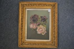 Study of pink and purple roses, oil on canvas, in a decorative gilt frame.