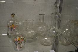 Enamel decorated carafe and similar decanter, various other decanters.