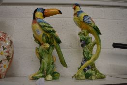 A large colourful Italian pottery model of a toucan and a similar parrot.