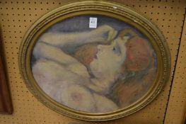Head and shoulders portrait of a nude women, oil on canvas, oval.