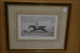 A pair of black and white engravings of race horses.