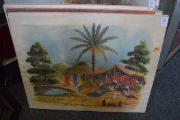 Arab figures by a watering hole, oil on canvas, unframed.