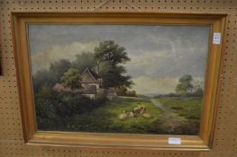 Rural landscape with sheep and a cottage, oil on canvas.