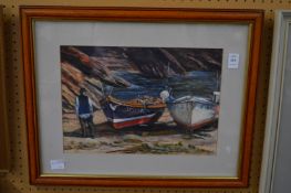 Moored fishing boats and a figure on a shore, oil on board.