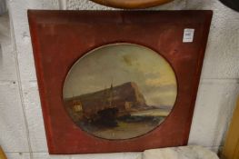 A painted pottery dish mounted in a velvet frame.