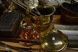 Copper and brass ware to include a coal scuttle, bed warming pan etc.
