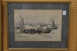 Moored boats on a river bank, watercolour.