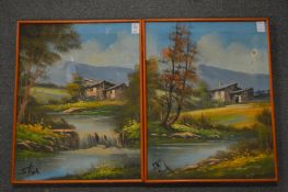 Continental School, pair of oil on canvases depicting mountainous landscapes with buildings.