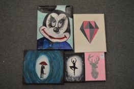 Five decorative pictures on canvas, unframed.