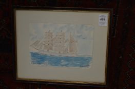 Small watercolour of a clipper ship and one of a steam ship.