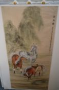 Chinese School, study of horses by a tree, watercolour on tissue paper, mounted but unframed.