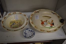 A Doulton Bunnykins food warming dish and cover, similar bowl and a small Copenhagen dish.
