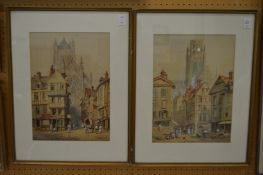 Paul Marny, a pair of Continental town scenes with church towers, watercolours.