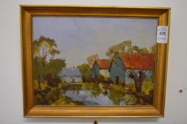 Edmund Perrini, farm buildings by a pond, oil on panel.