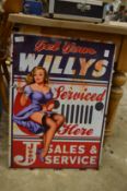 A novelty metal sign for Willys Jeeps.