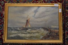Sailing dinghy in a choppy sea by a harbour, oil on canvas, signed and dated 1911.