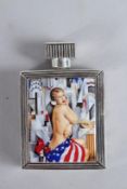 A SILVER PLATED ENAMEL DECO, RUBY SET NUDE LADY PERFUME BOTTLE.